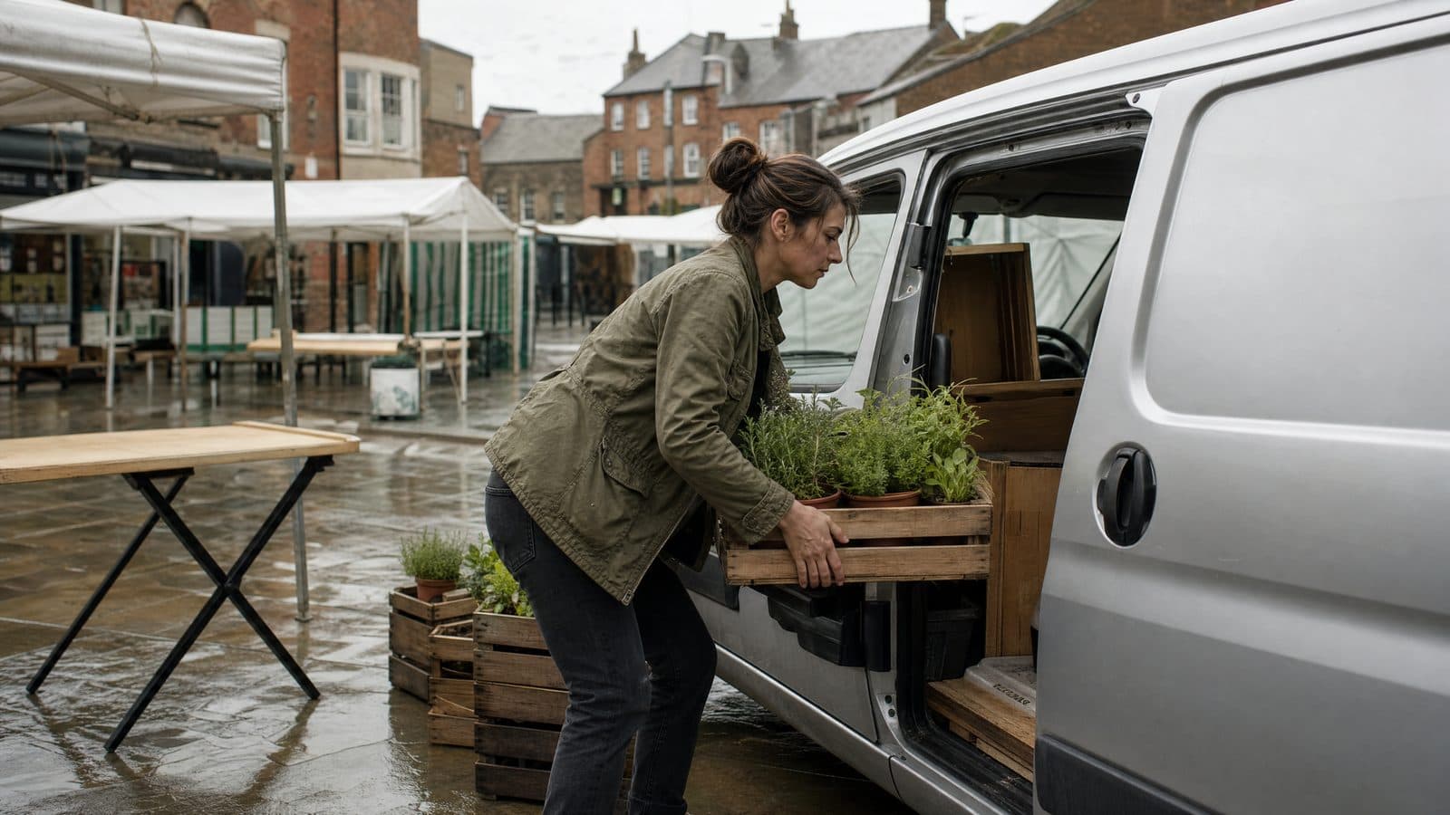 Market trader loading herb plants into a silver van beside stalls in a British market square