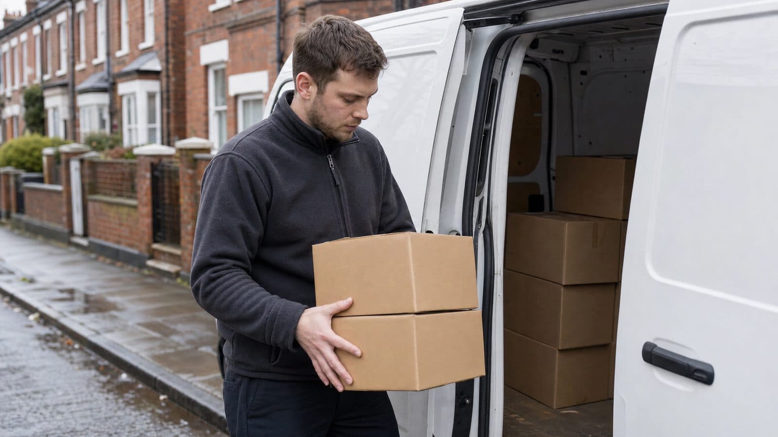 Courier lifting parcels from a white van on a British terraced street during his delivery round