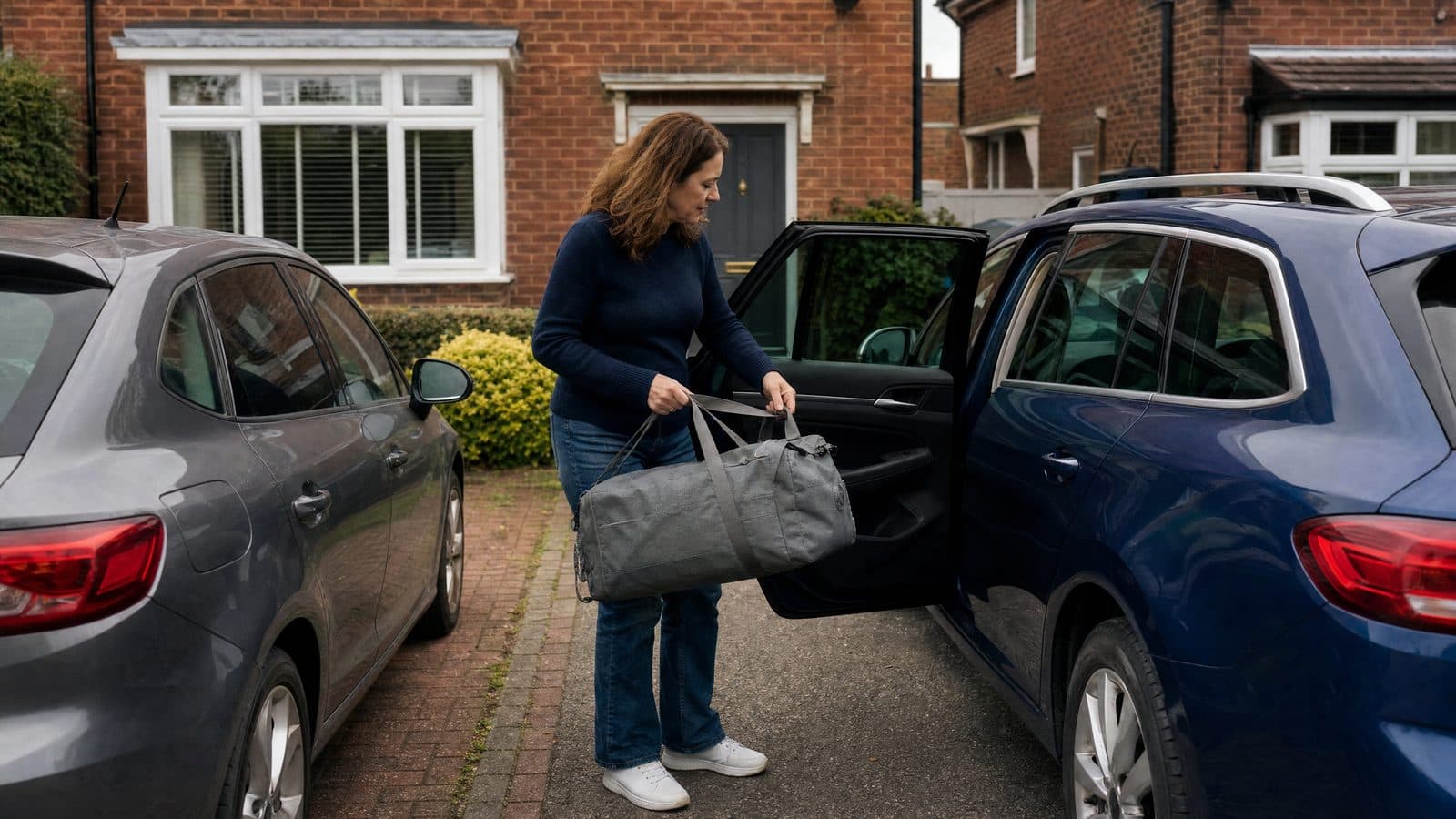 Woman transferring an overnight bag between two cars on a British driveway during a lease vehicle change