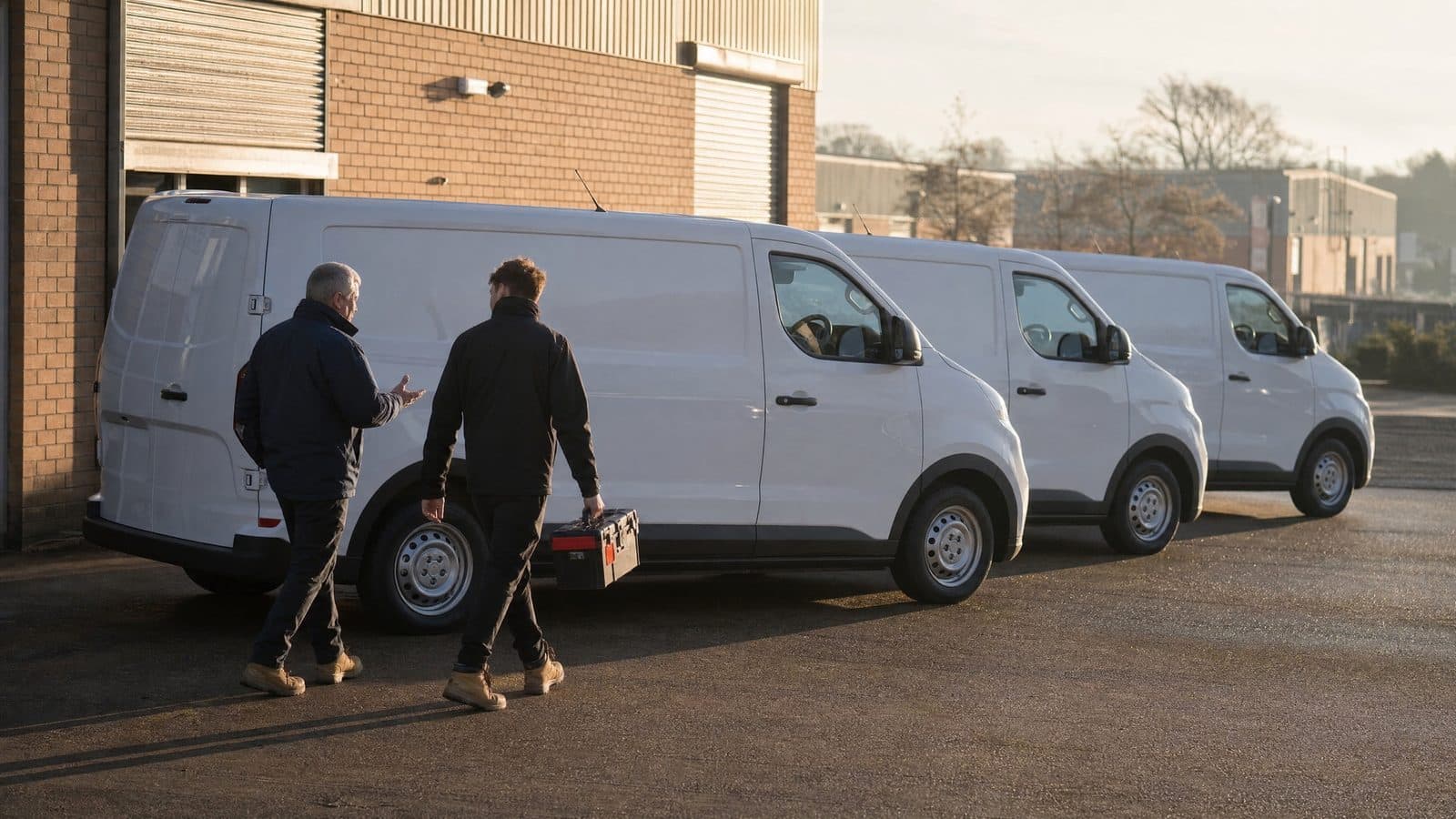 Business owner briefing a driver beside three matching white fleet vans on a British trading estate