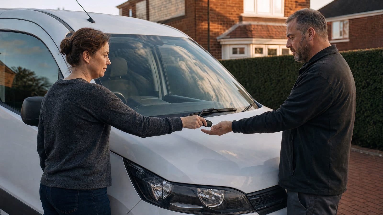 Woman handing van keys to a collection driver over a white bonnet on a British driveway