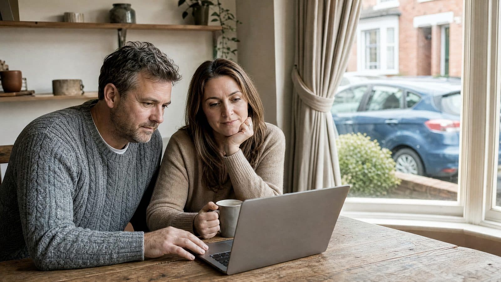 Couple reviewing vehicle leasing options on a laptop at home with their everyday car parked outside
