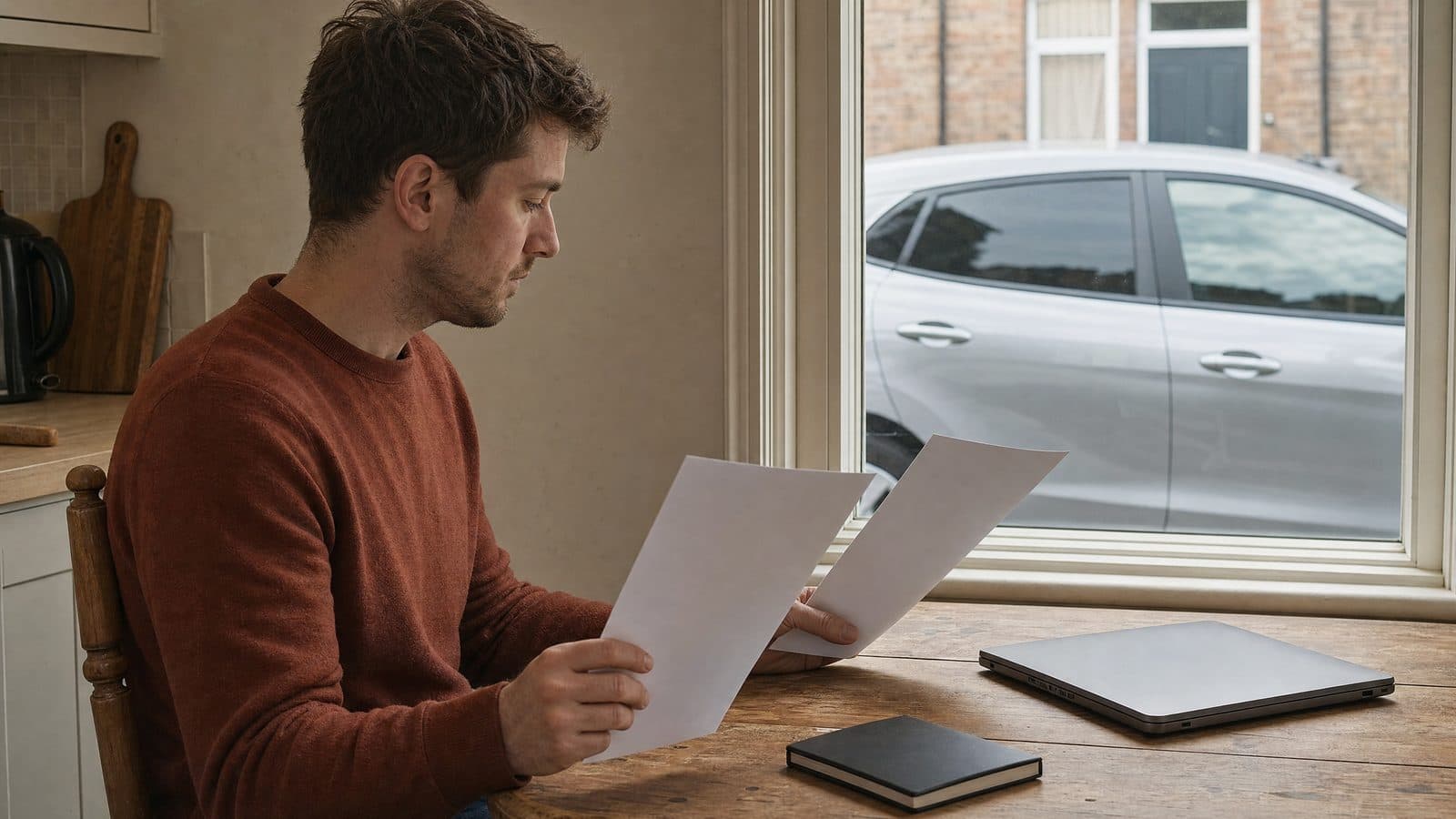 Man comparing initial rental quotes at a kitchen table beside a closed laptop, with silver car outside