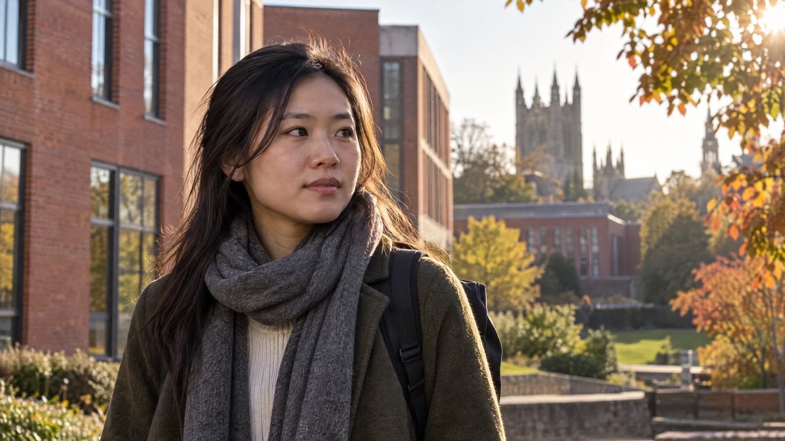 Postgraduate student in a scarf and dark coat with a rucksack on a red-brick university campus in low autumn sun, cathedral tower on the skyline