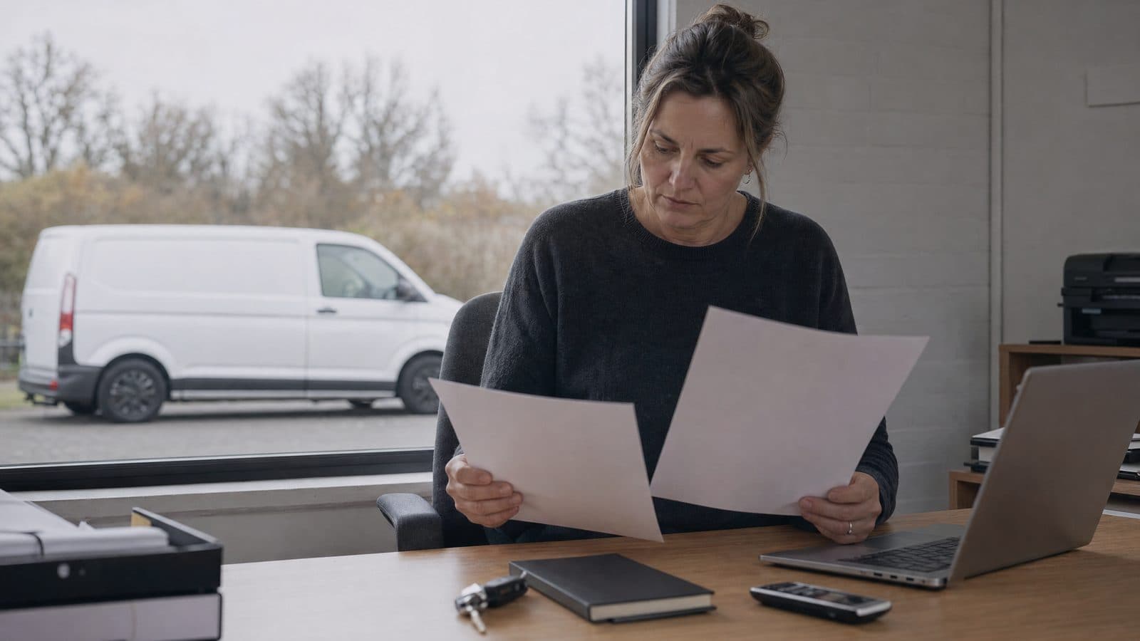 Company director reviewing van finance paperwork beside a window overlooking a white panel van