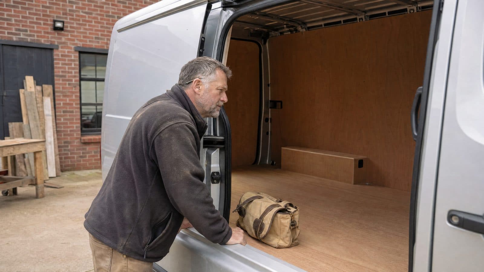 Sole-trader carpenter assessing a silver van cargo area outside his workshop before choosing a vehicle