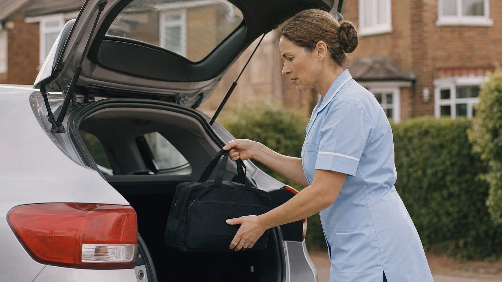 District nurse retrieving her medical bag from a silver hatchback before a suburban home visit