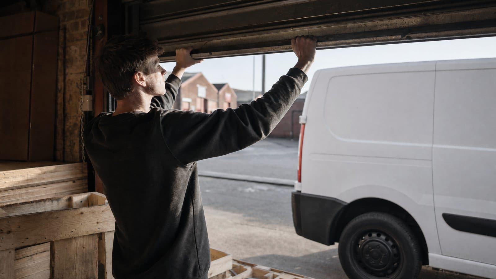 New business owner raising a workshop shutter beside a white van in warm morning sunlight
