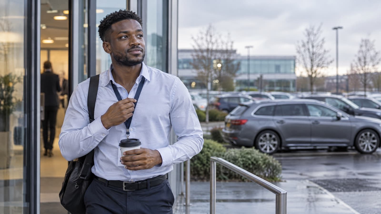 New starter clipping on a staff lanyard at a glass office entrance on his first morning, with an estate car in the car park behind him
