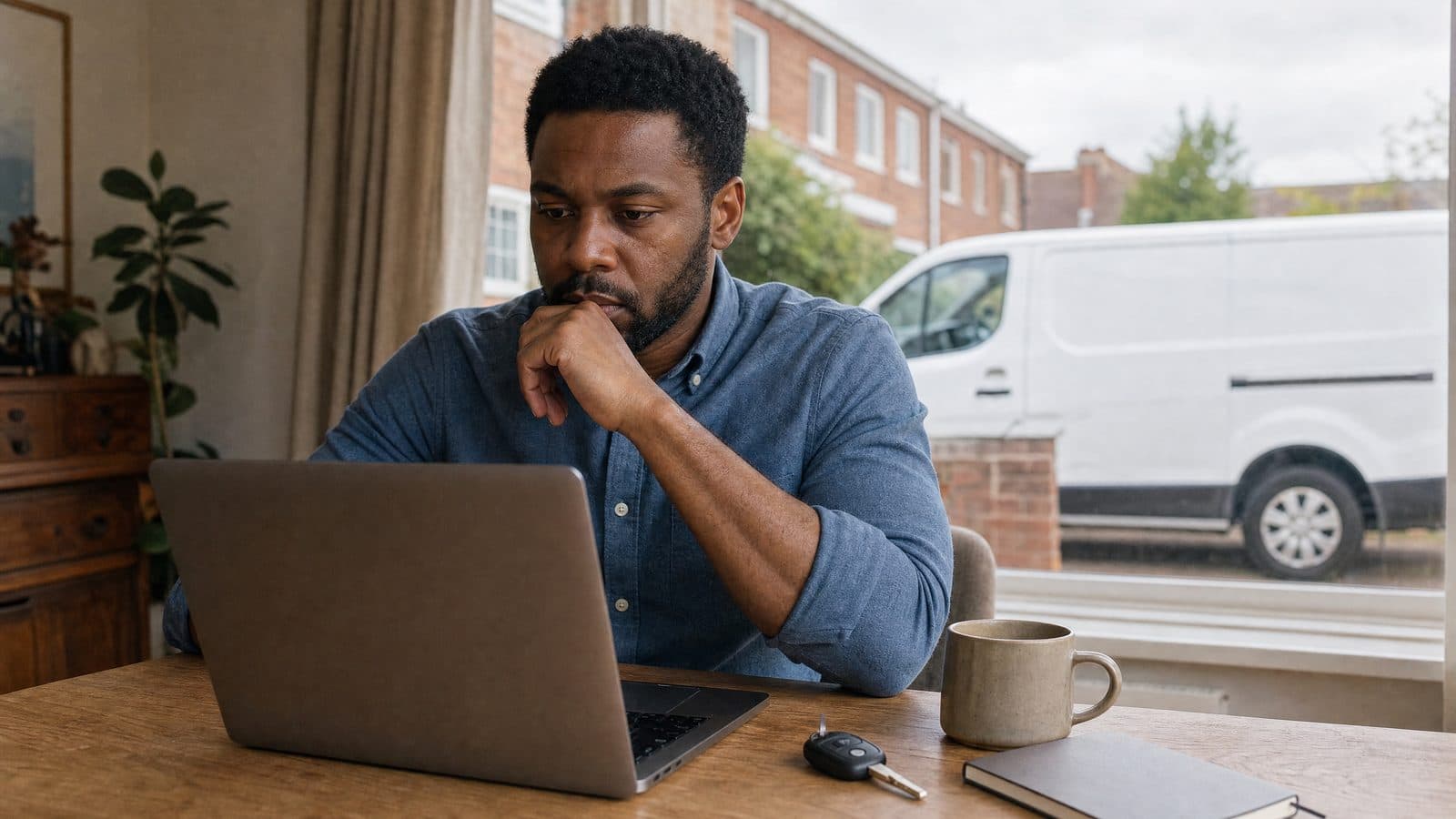 New company director working at a kitchen laptop with van keys and a white panel van outside