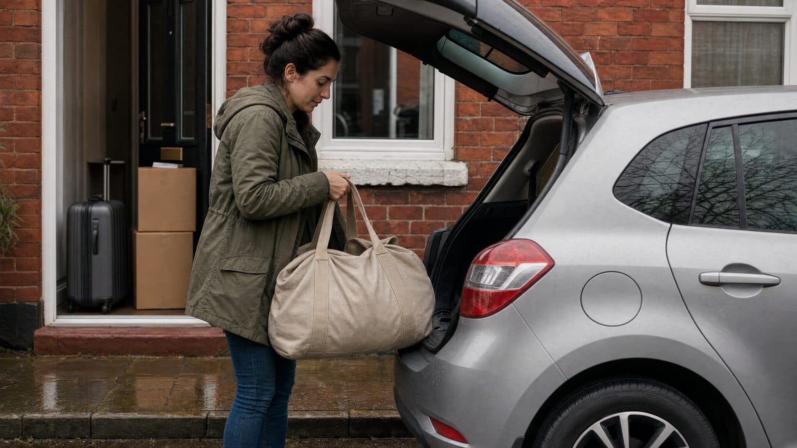New arrival lifting a travel bag from a hatchback outside a British terraced home with moving boxes