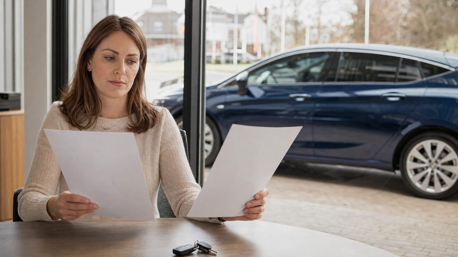 Woman comparing two car finance quotes at a dealership desk with a blue hatchback behind glass