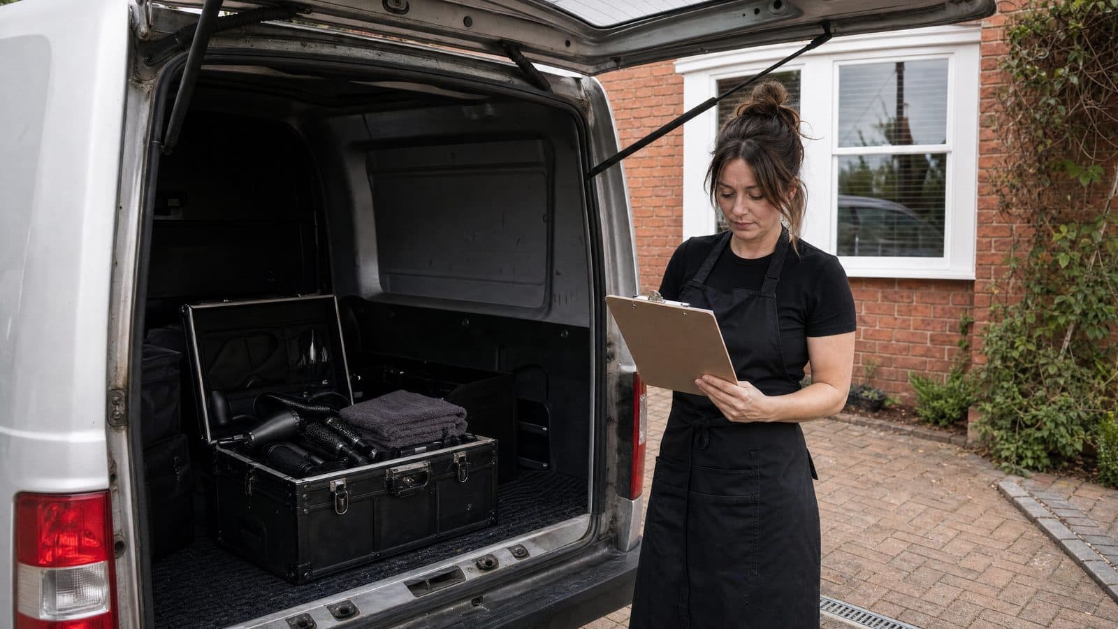 Self-employed mobile hairdresser checking an invoice beneath a silver van tailgate, with hairdressing equipment inside