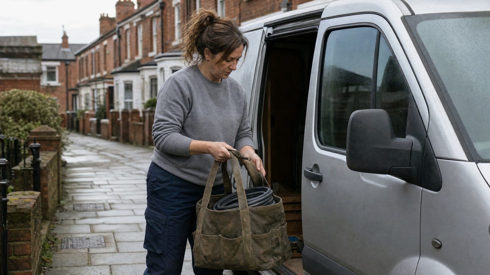 Self-employed electrician lifting a tool bag from a silver van outside a customer's British terraced home