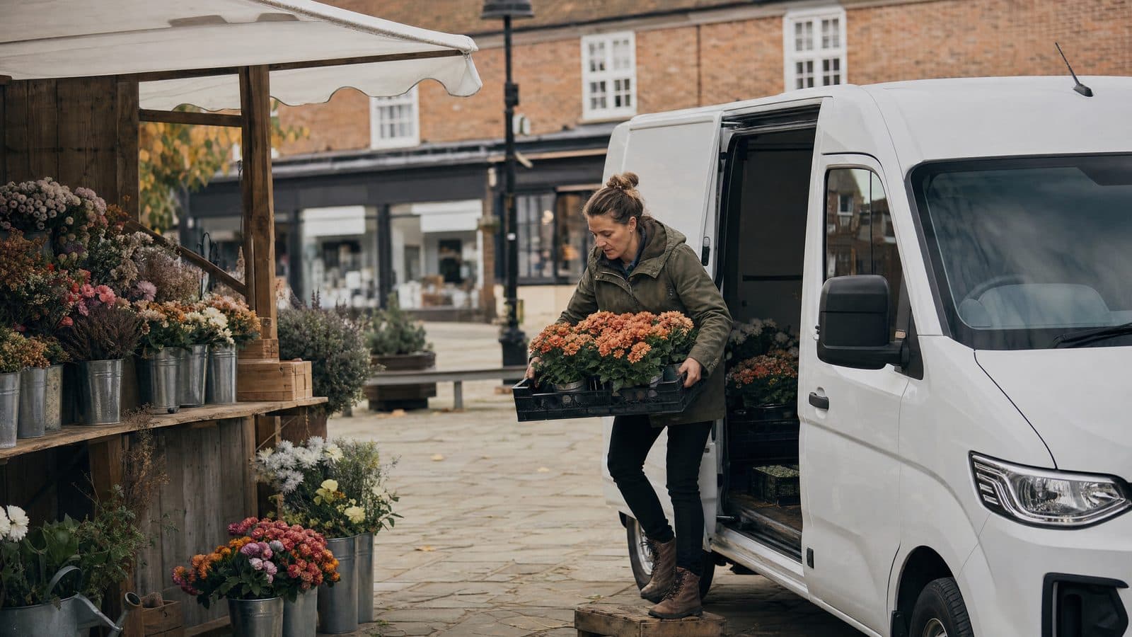 Seasonal flower trader unloading potted chrysanthemums from a white van beside her English market stall