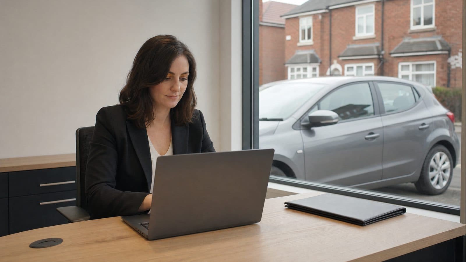 Woman reviewing a leasing application on a laptop with a grey hatchback outside the dealership window
