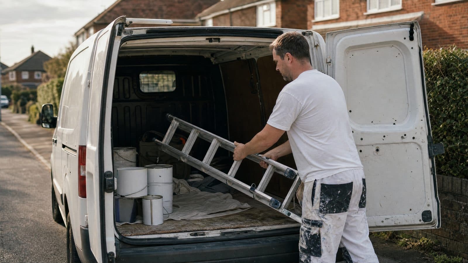 Sole-trader decorator loading a ladder and paint tins into a white van on a British suburban street