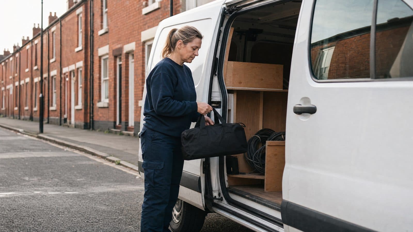 Electrician retrieving a tool bag from a white van before a job on a British terraced street