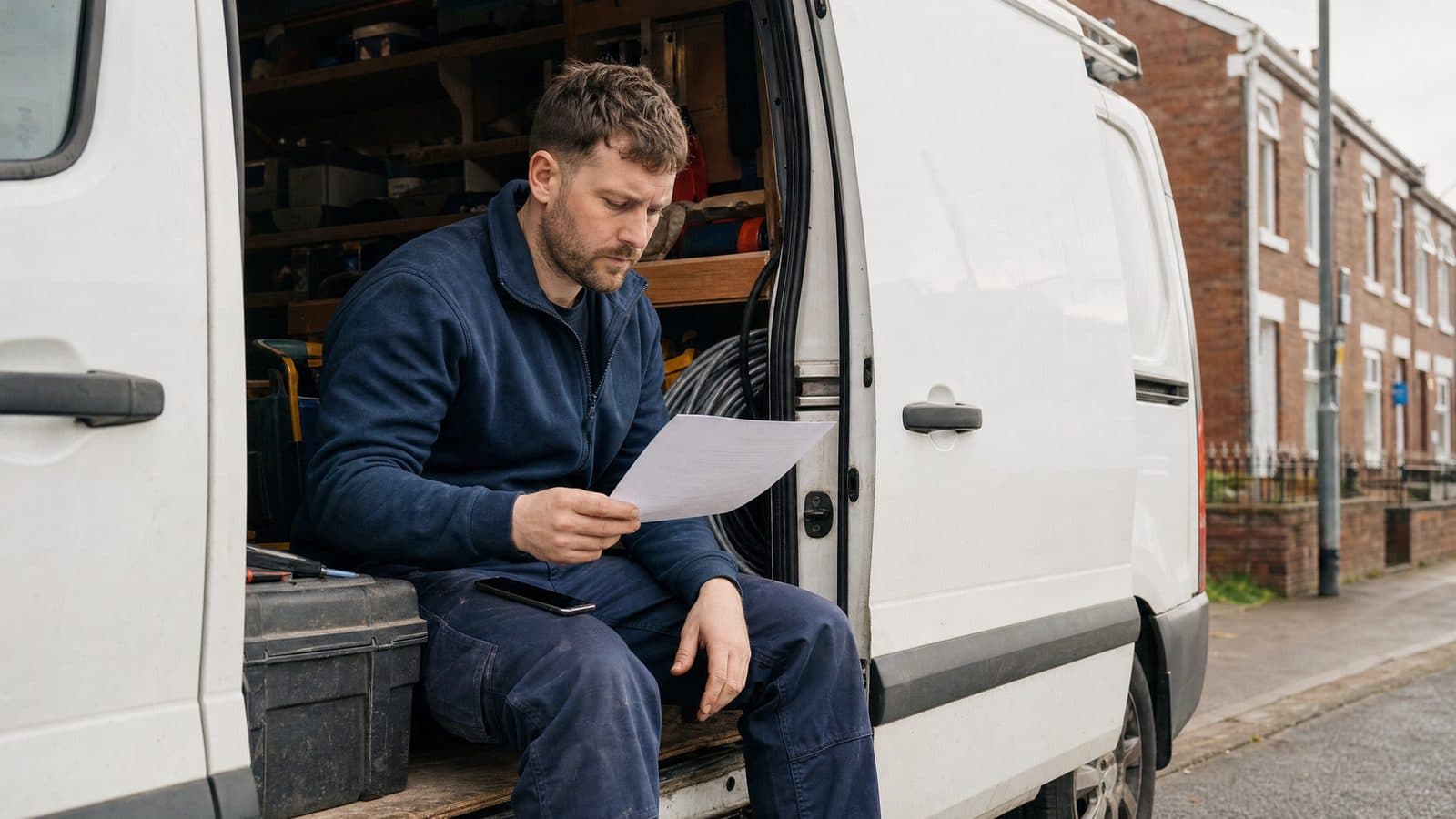 Self-employed electrician reviewing a van cost quote beside tools in a white van on a terraced street