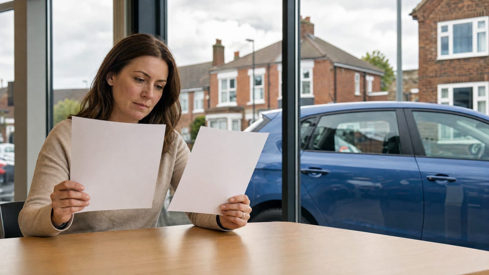 Woman comparing two leasing quotes at a dealership desk with a blue hatchback visible through glass