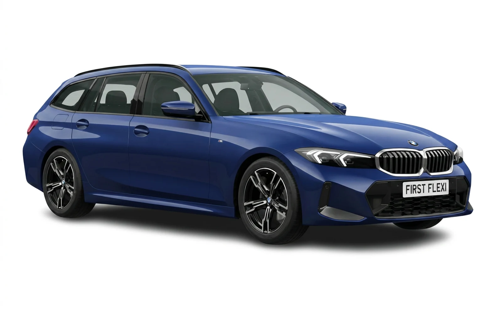 A blue BMW 3 Series Touring is shown at a front three-quarter view.