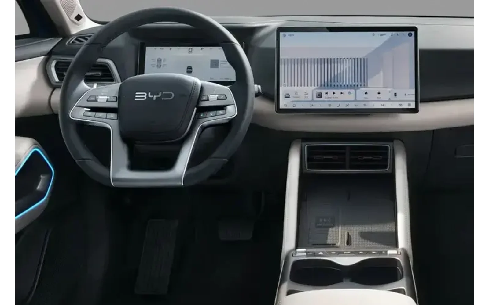 Interior view of a BYD Atto 2 in a modern light grey and black color scheme.