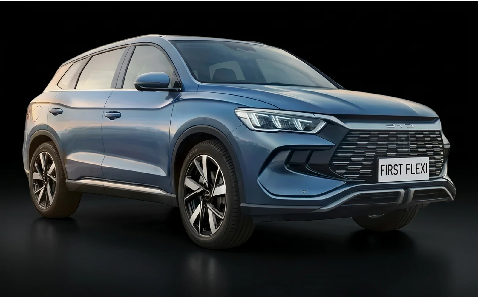 Front three-quarter view of a blue BYD Sealion 5 SUV on a black background.