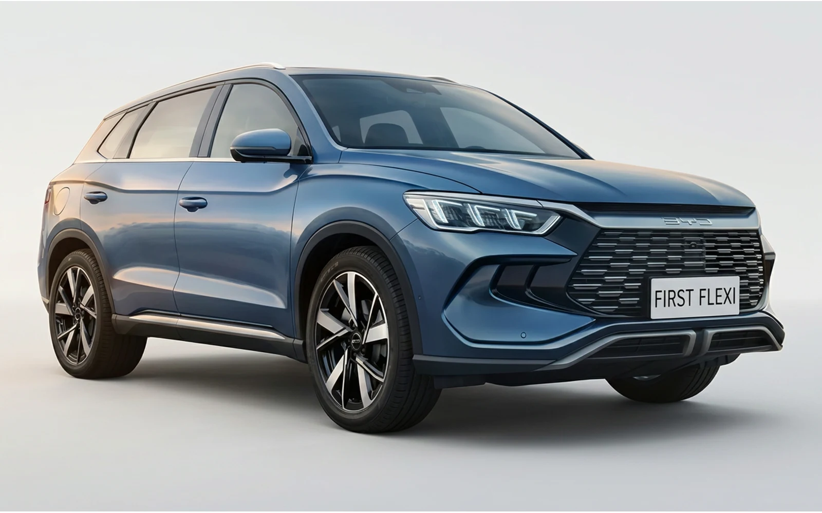 Front three-quarter view of a blue BYD Sealion 5 SUV on a black background.