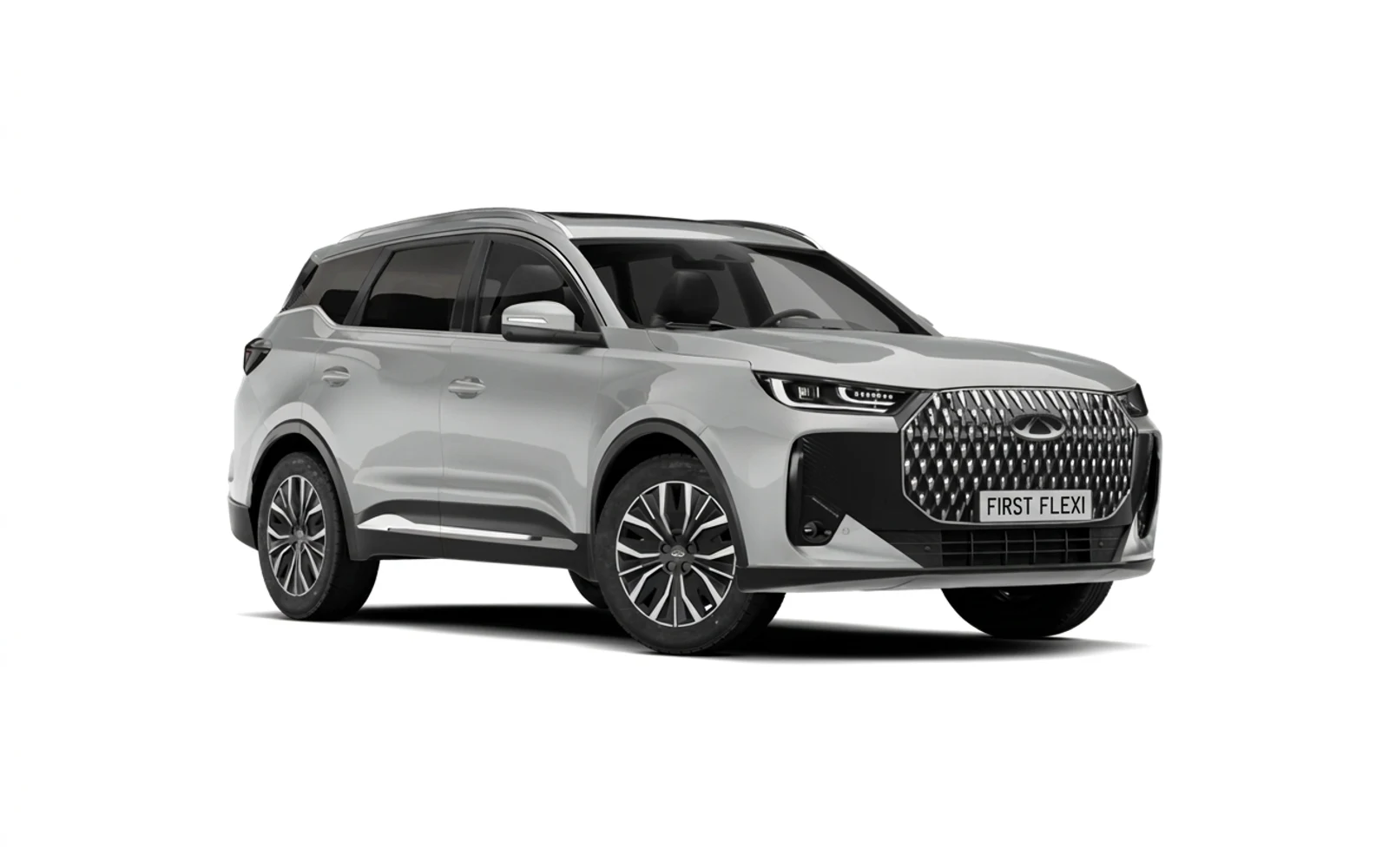 Silver Chery Tiggo 7 SUV viewed from the front three-quarter angle.