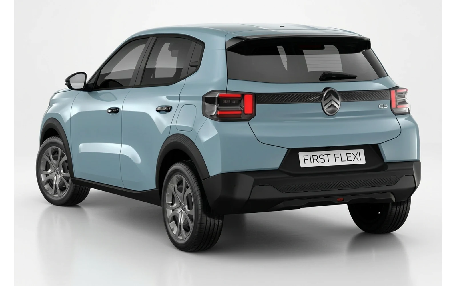 Rear three-quarter view of a light blue Citroen C3.