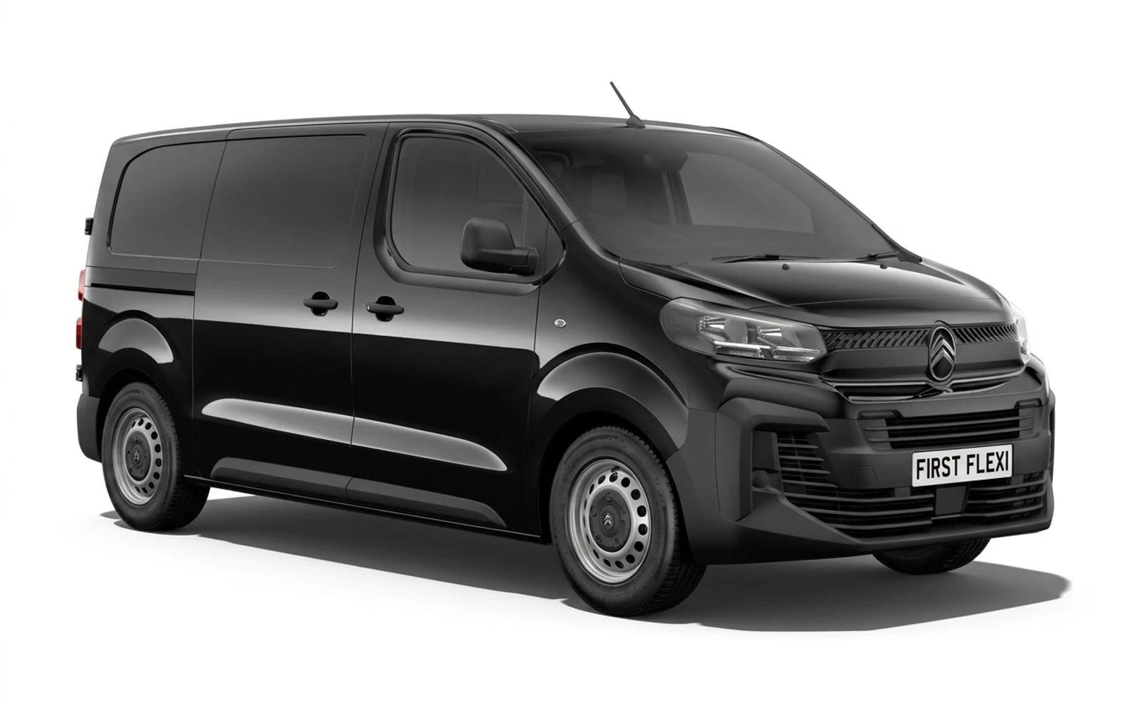 Front three-quarter view of a black Citroen Dispatch van.