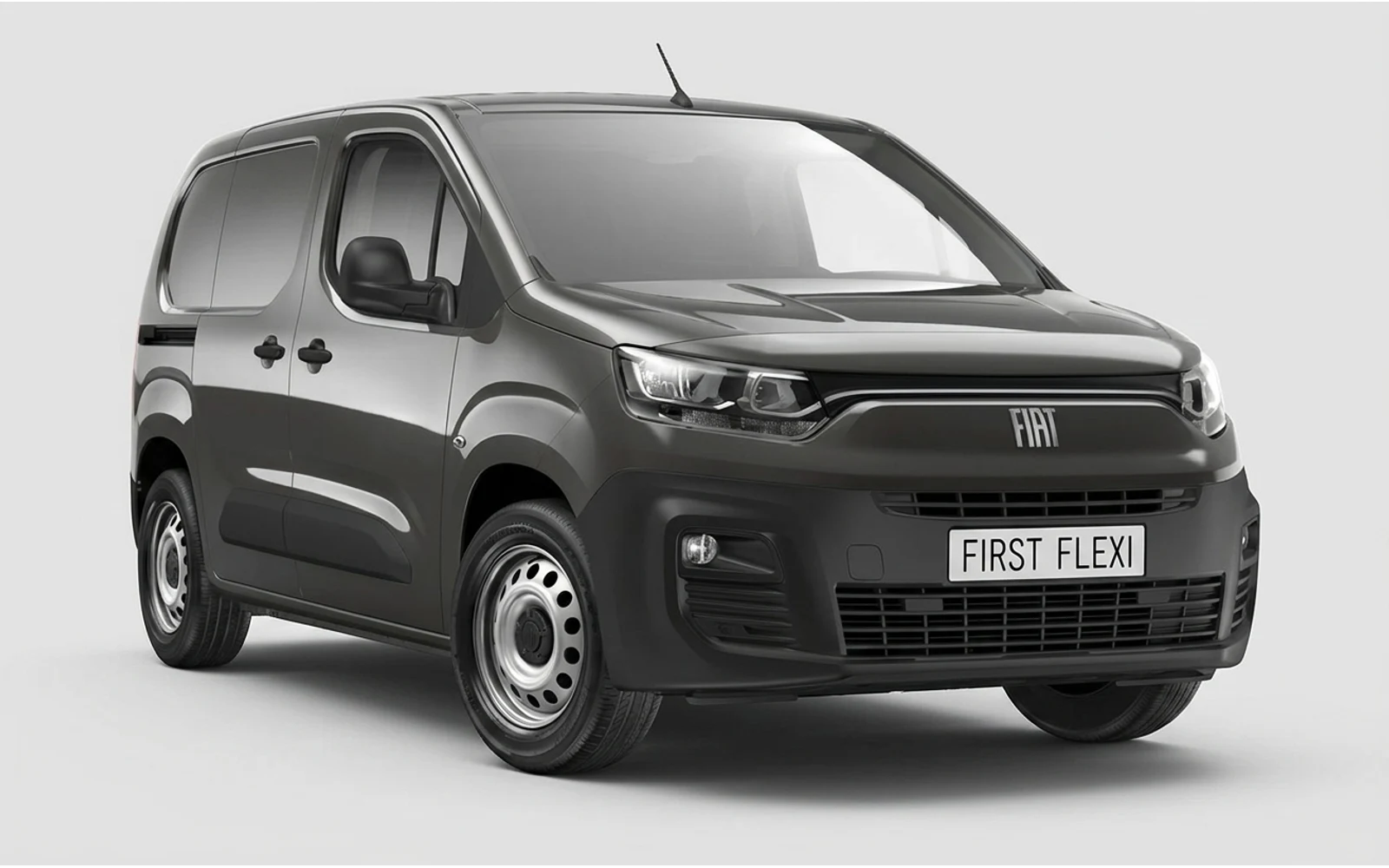 A dark grey Fiat Doblo panel van is shown from a front three-quarter angle.