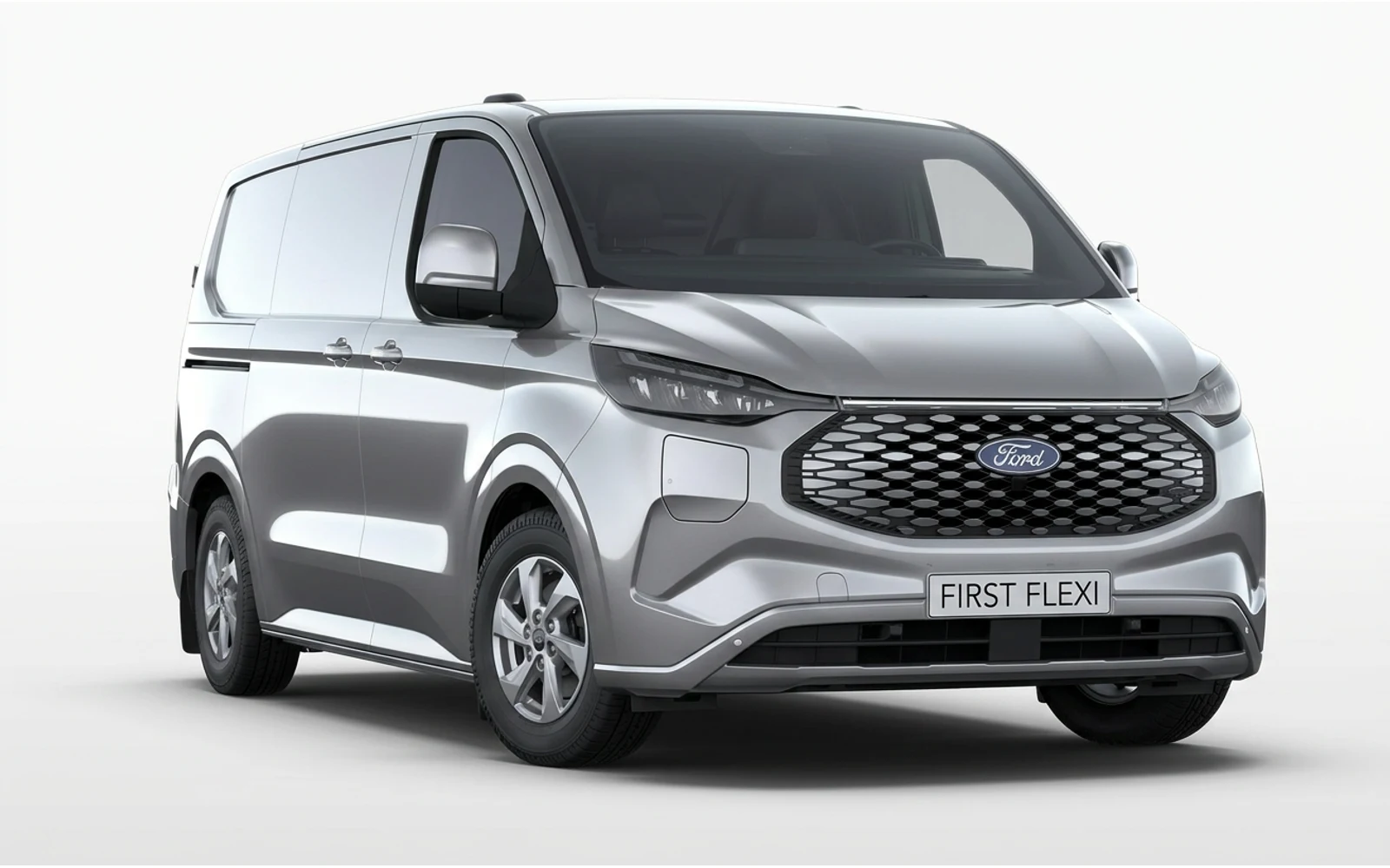 Front view of a silver Ford E-Transit Custom van.