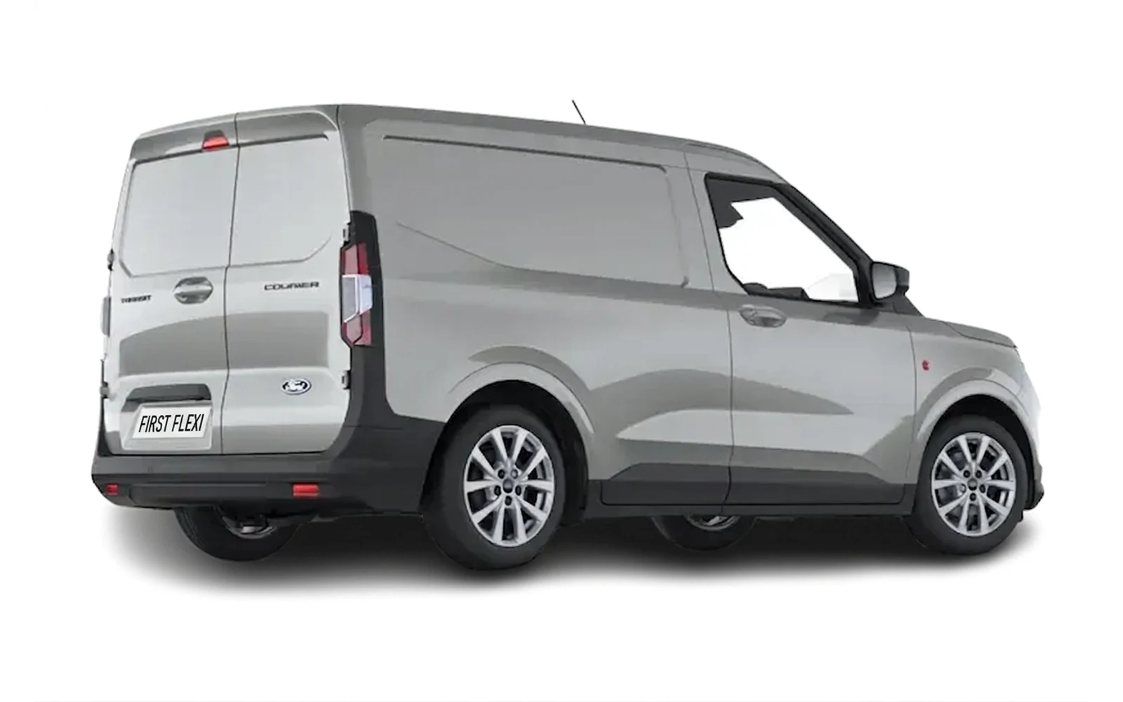 Rear three-quarter view of a silver Ford Transit Courier van.