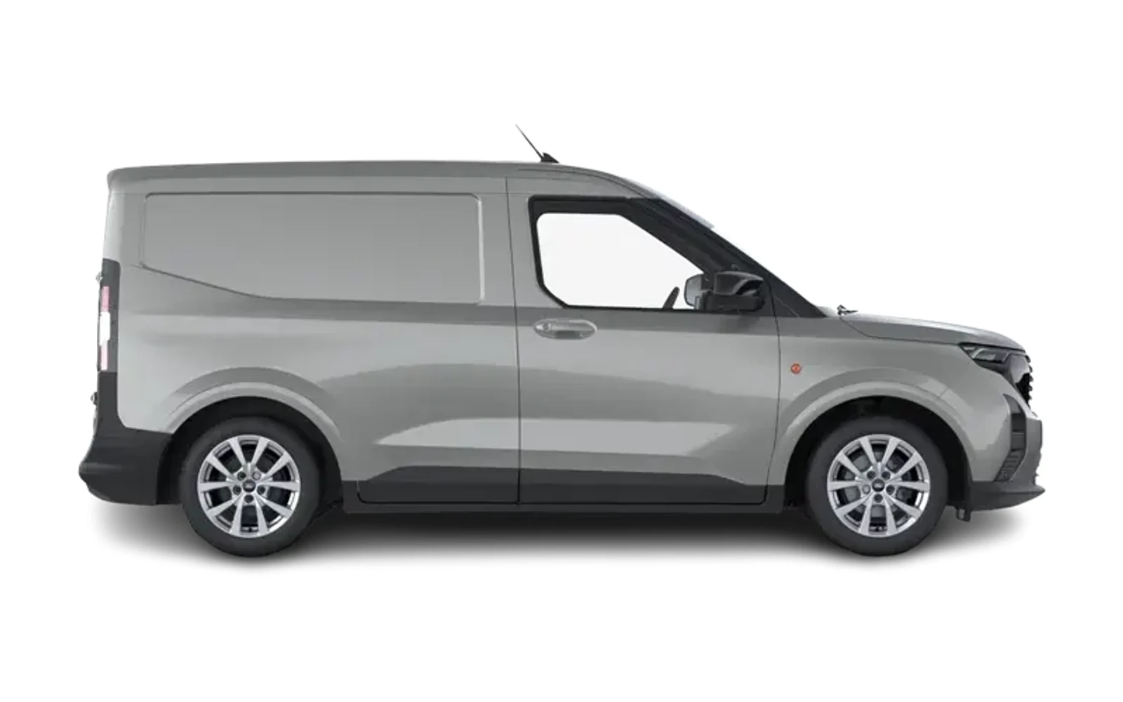Silver Ford Transit Courier van seen from the side.
