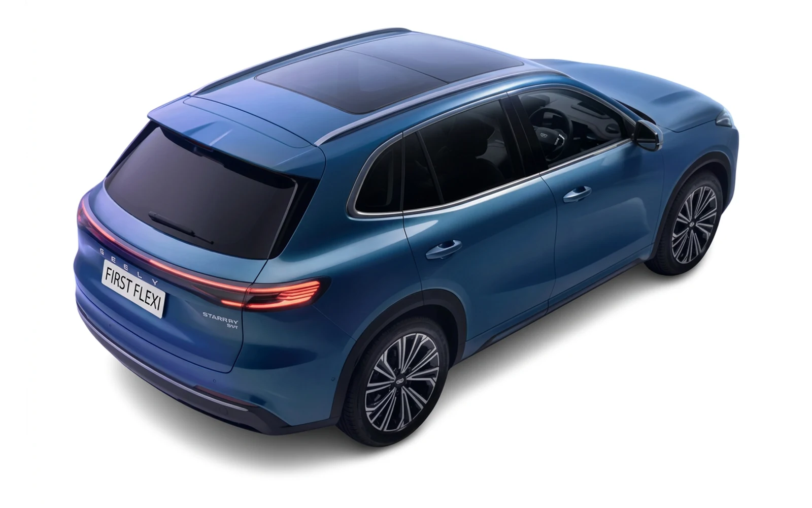 Blue Geely Starray SUV shown from a high-angle rear view.
