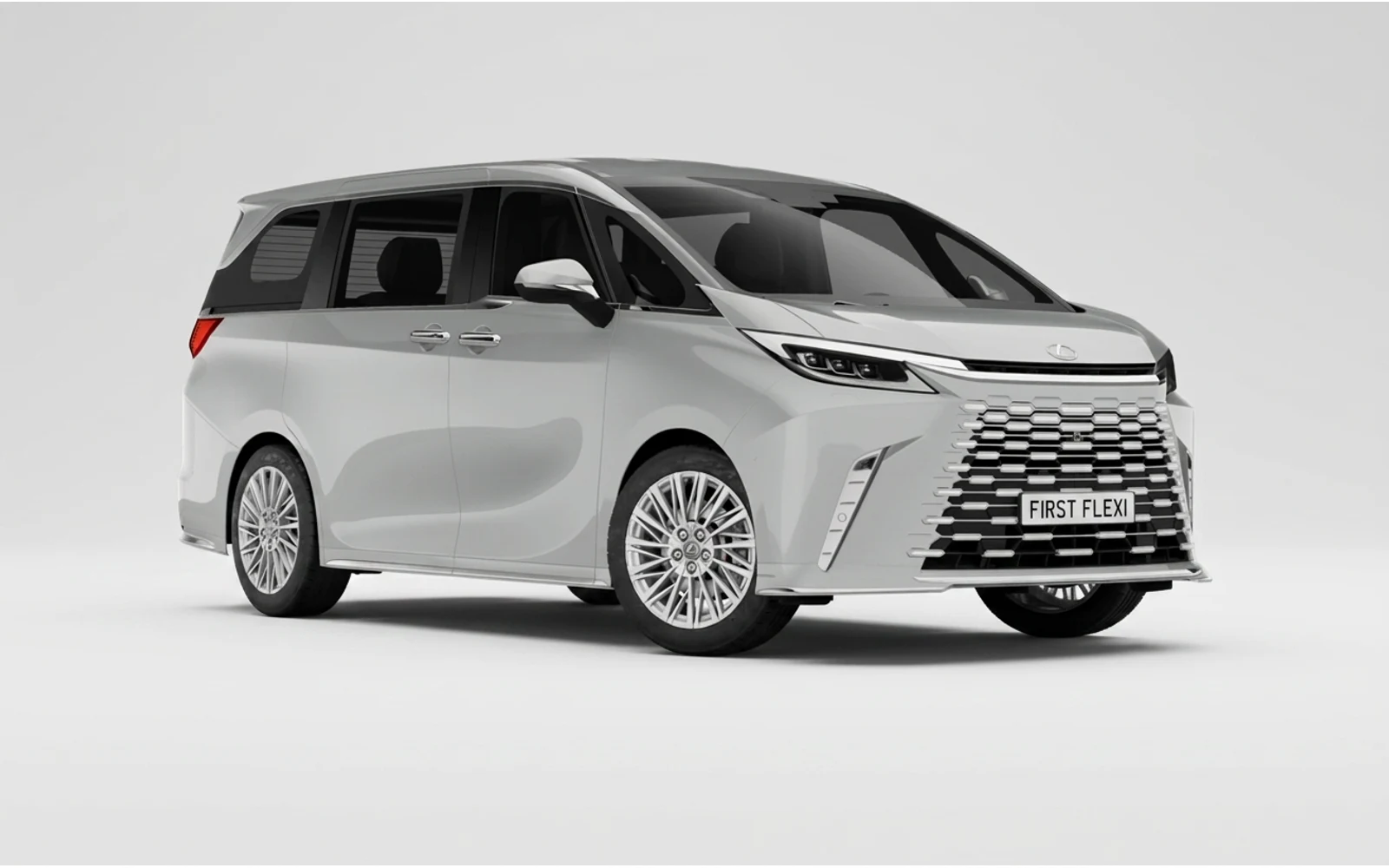 Silver Lexus LM luxury minivan shown from a front three-quarter view against a black background.