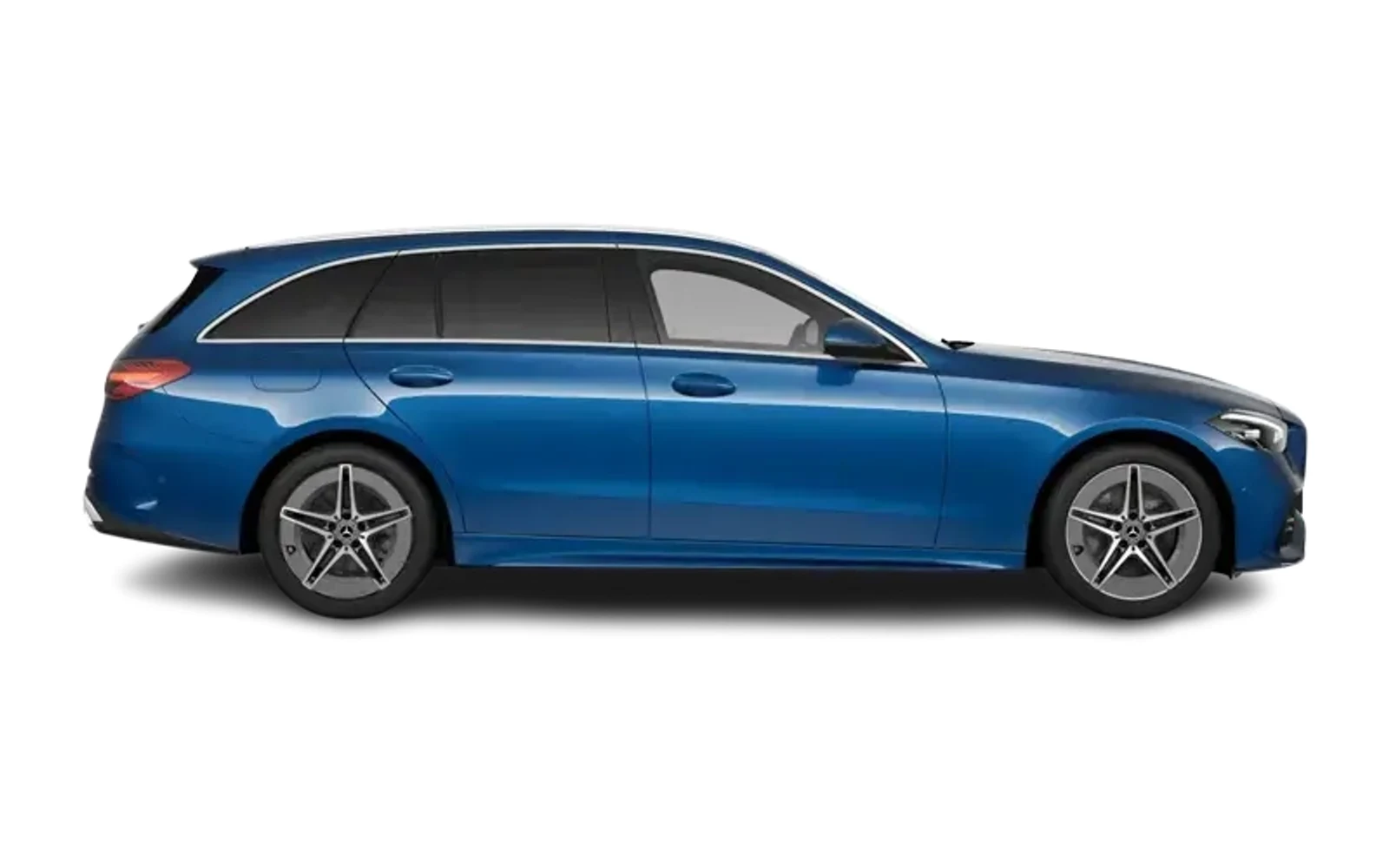 A blue Mercedes-Benz C-Class wagon is shown from the side.