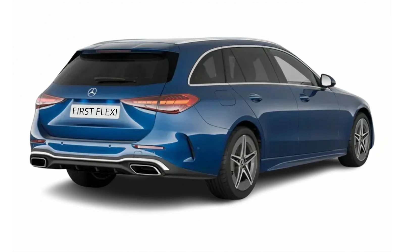 Rear three-quarter view of a blue Mercedes-Benz C Class station wagon.