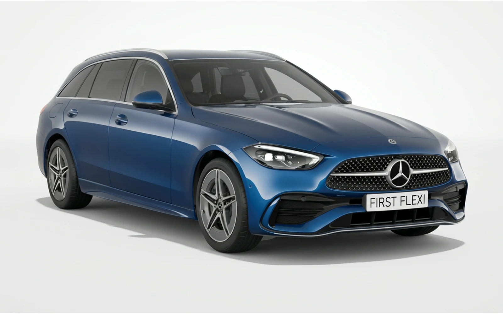 A blue Mercedes-Benz C Class estate car from the front left viewpoint.