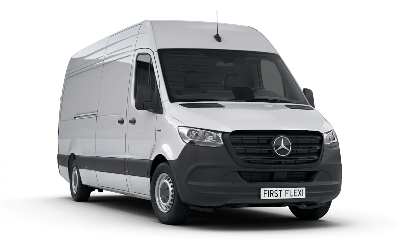 White Mercedes-Benz Sprinter van shown from the front left angle on a black background.