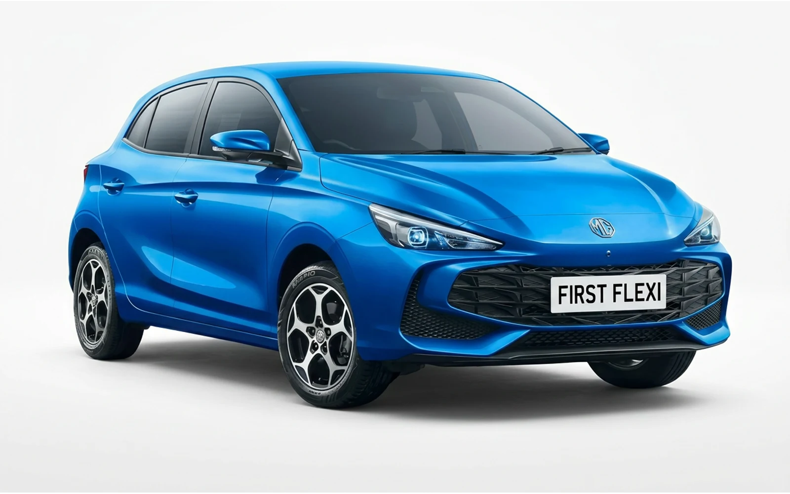 A blue MG MG3 is shown from the front-left angle.
