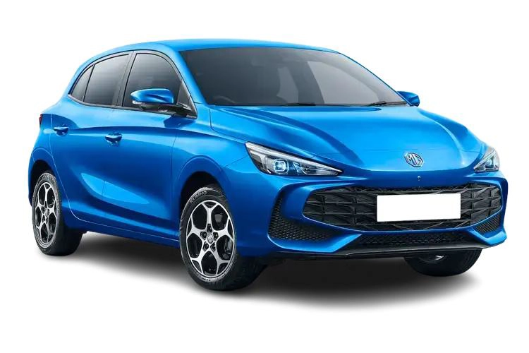 A blue MG MG3 is shown from the front-left angle.
