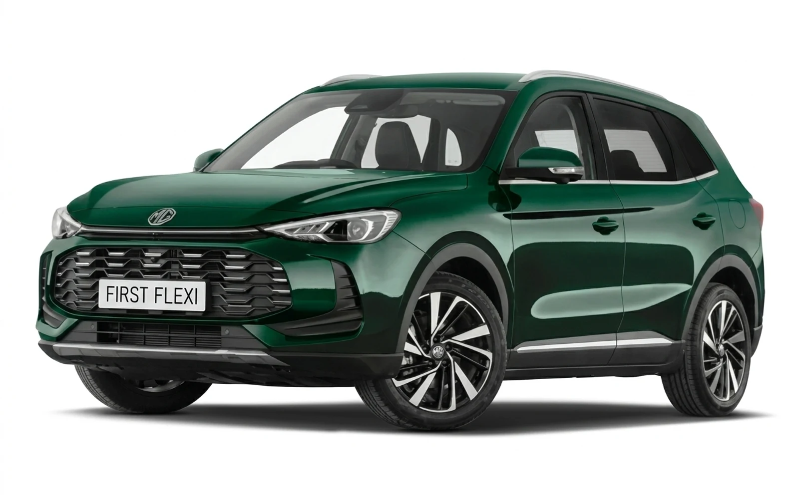 Green MG ZS SUV viewed from the front driver's side.