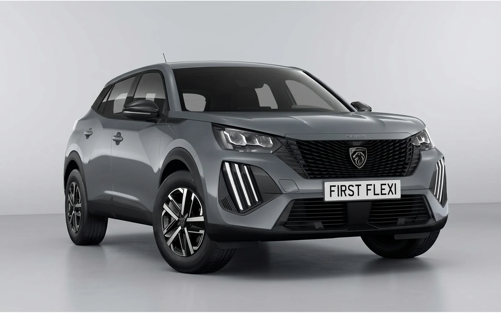 A grey Peugeot 2008 is shown from a front three-quarter view against a black background.