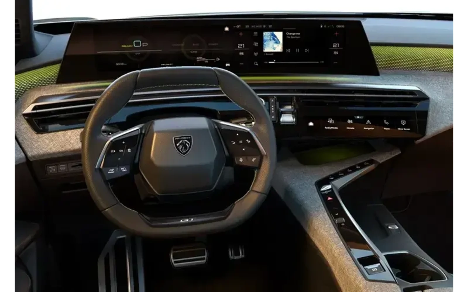 Front view of the grey Peugeot 5008 dashboard with a digital display and steering wheel.