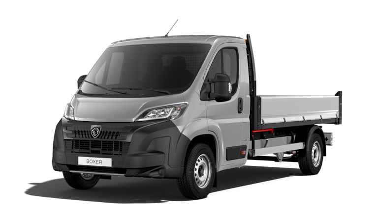 White Peugeot Boxer tipper shown from a front three-quarter view.