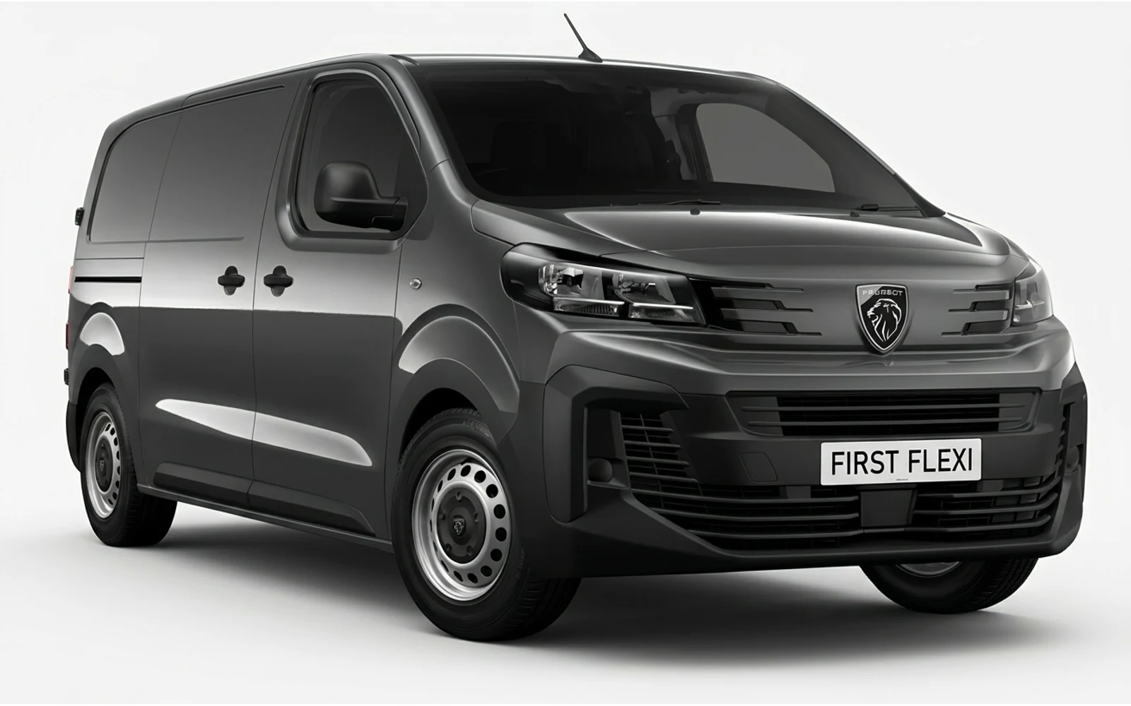 A dark grey Peugeot Expert van viewed from the front three-quarter angle.