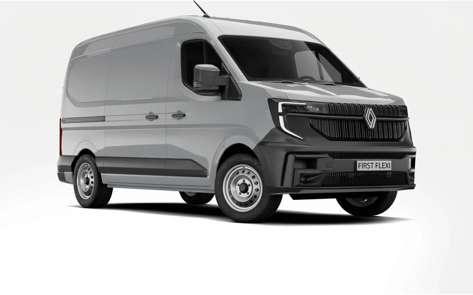 Grey Renault Master van, front 3/4 view.