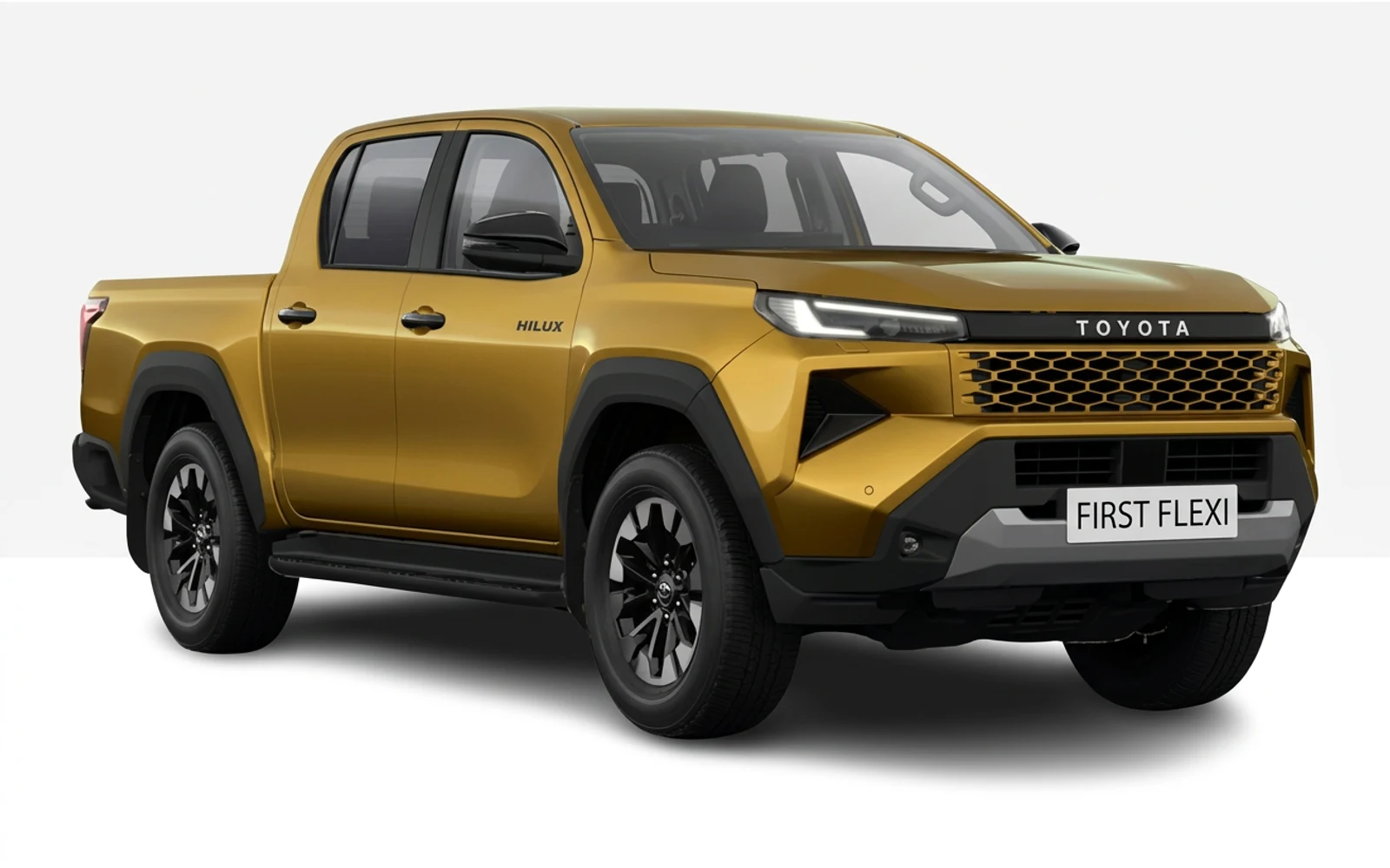Gold Toyota Hilux pickup truck, front three-quarter view.